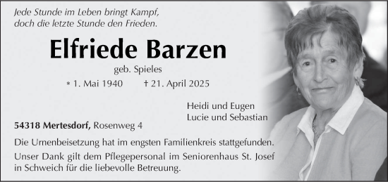Todesanzeige von Elfriede Barzen von trierischer_volksfreund