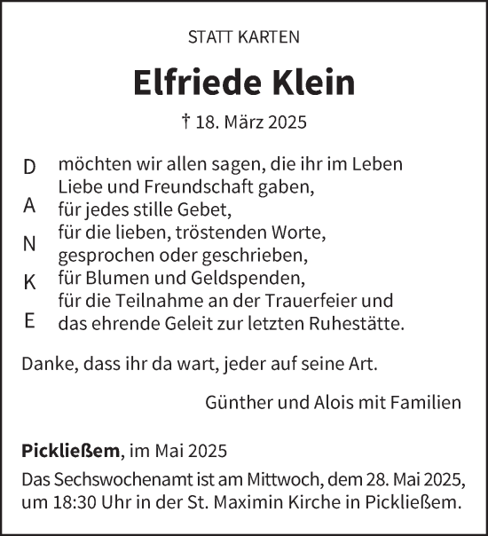 Todesanzeige von Elfriede Klein von trierischer_volksfreund