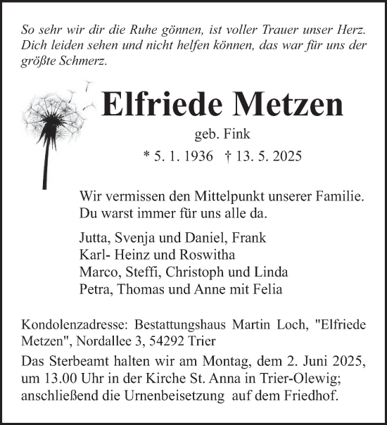 Todesanzeige von Elfriede Metzen von trierischer_volksfreund