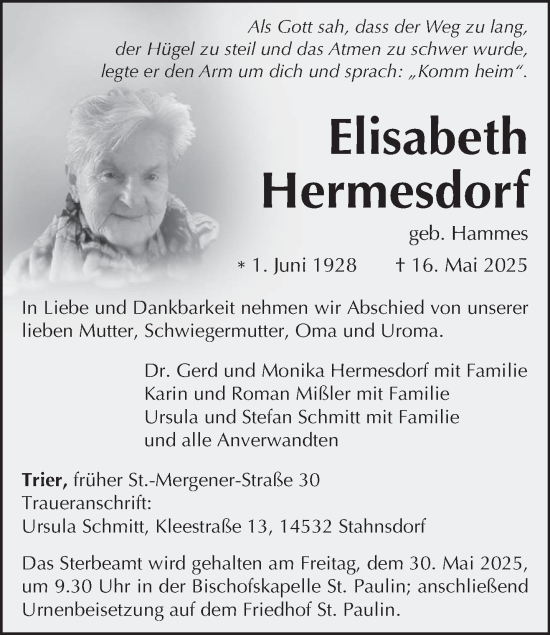 Todesanzeige von Elisabeth Hermesdorf von trierischer_volksfreund
