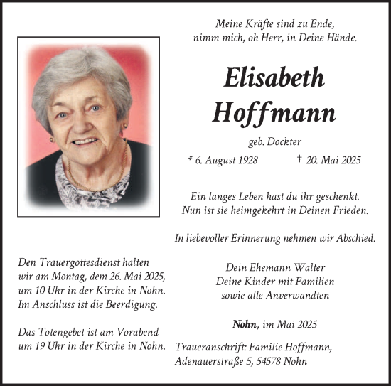 Todesanzeige von Elisabeth Hoffmann von trierischer_volksfreund