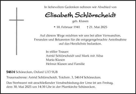 Todesanzeige von Elisabeth Schlörscheidt von trierischer_volksfreund
