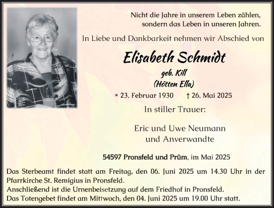 Todesanzeige von Elisabeth Schmidt von trierischer_volksfreund