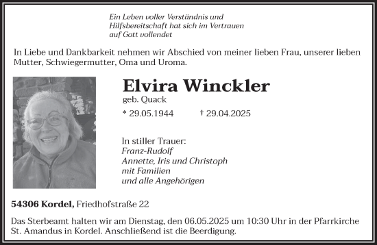 Todesanzeige von Elvira Winckler von trierischer_volksfreund