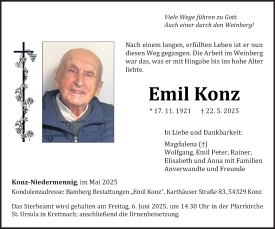 Todesanzeige von Emil Konz von trierischer_volksfreund
