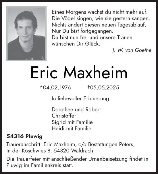 Todesanzeige von Eric Maxheim von trierischer_volksfreund