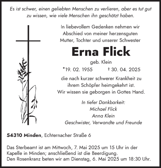 Todesanzeige von Erna Flick von trierischer_volksfreund