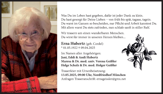 Todesanzeige von Erna Hubertz von trierischer_volksfreund