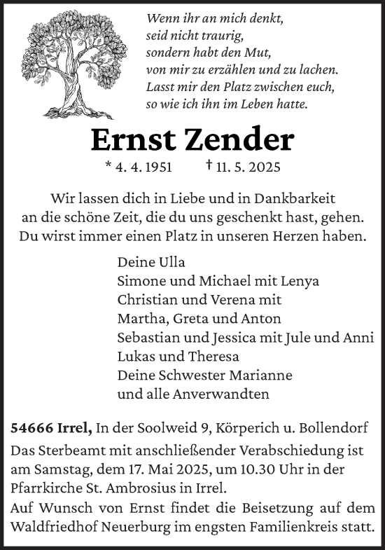 Todesanzeige von Ernst Zender von trierischer_volksfreund