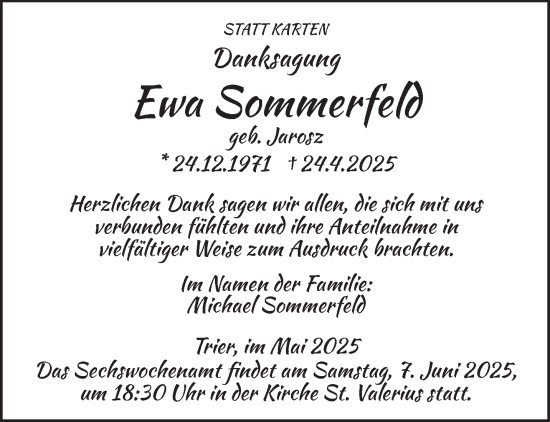 Todesanzeige von Ewa Sommerfeld von trierischer_volksfreund