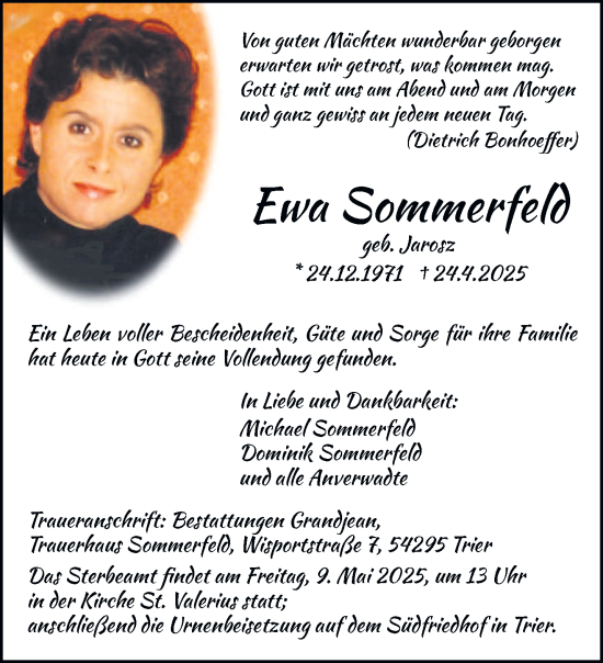 Todesanzeige von Ewa Sommerfeld von trierischer_volksfreund