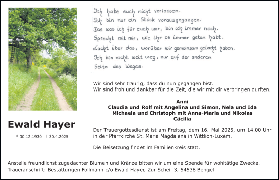 Todesanzeige von Ewald Hayer von trierischer_volksfreund