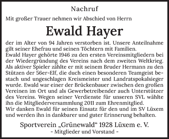 Todesanzeige von Ewald Hayer von trierischer_volksfreund