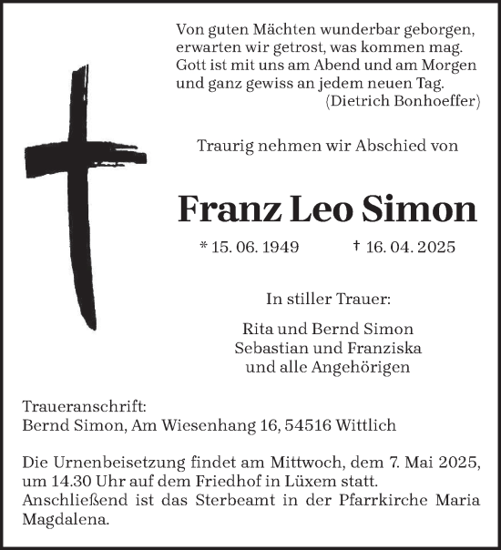 Todesanzeige von Franz Leo Simon von trierischer_volksfreund