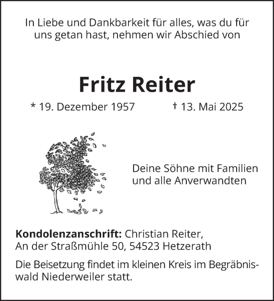 Todesanzeige von Fritz Reiter von trierischer_volksfreund