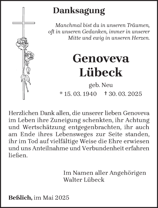 Todesanzeige von Genoveva Lübeck von trierischer_volksfreund