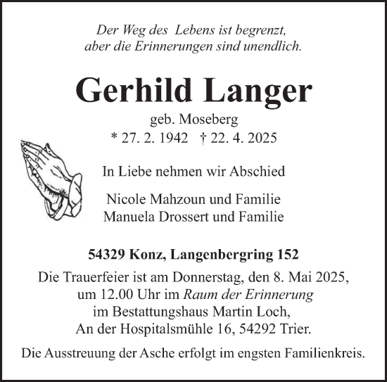 Todesanzeige von Gerhild Langer von trierischer_volksfreund