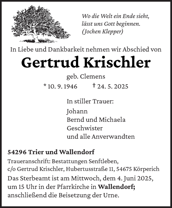 Todesanzeige von Gertrud Krischler von trierischer_volksfreund