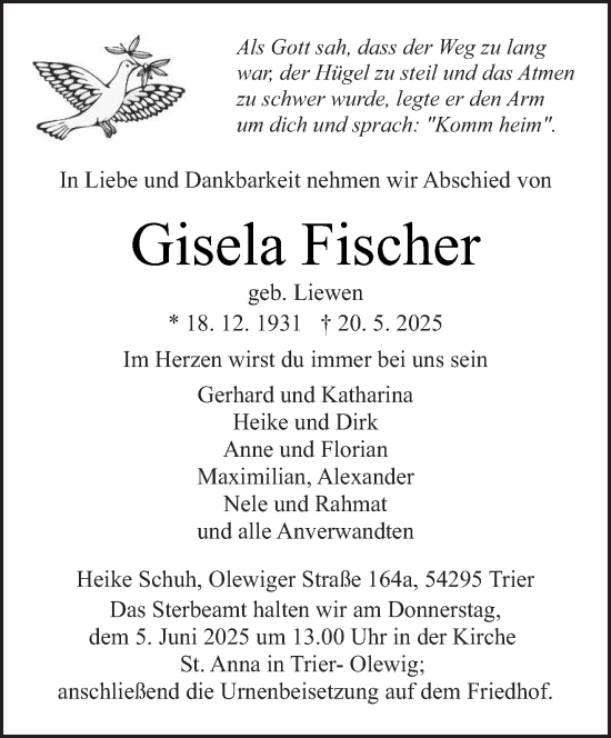 Todesanzeige von Gisela Fischer von trierischer_volksfreund