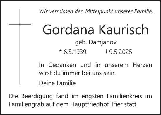 Todesanzeige von Gordana Kaurisch von trierischer_volksfreund