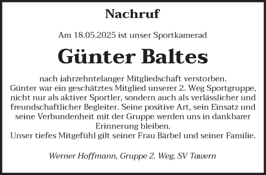 Todesanzeige von Günter Baltes von trierischer_volksfreund
