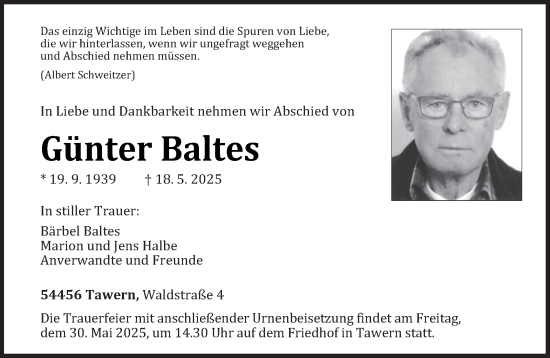 Todesanzeige von Günter Baltes von trierischer_volksfreund