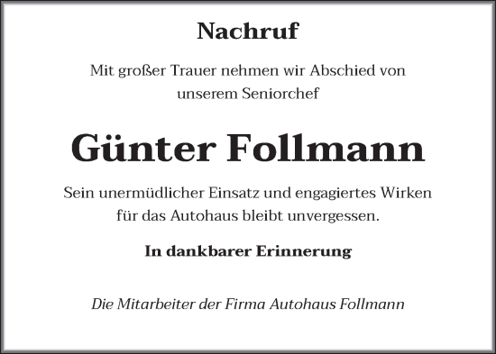 Todesanzeige von Günter Follmann von trierischer_volksfreund