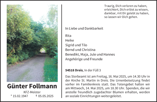 Todesanzeige von Günter Follmann von trierischer_volksfreund