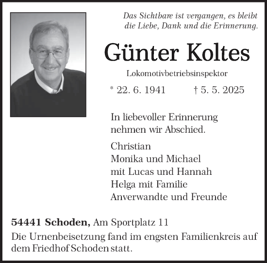 Todesanzeige von Günter Koltes von trierischer_volksfreund
