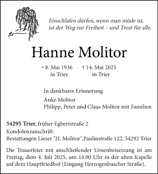 Todesanzeige von Hanne Molitor von trierischer_volksfreund