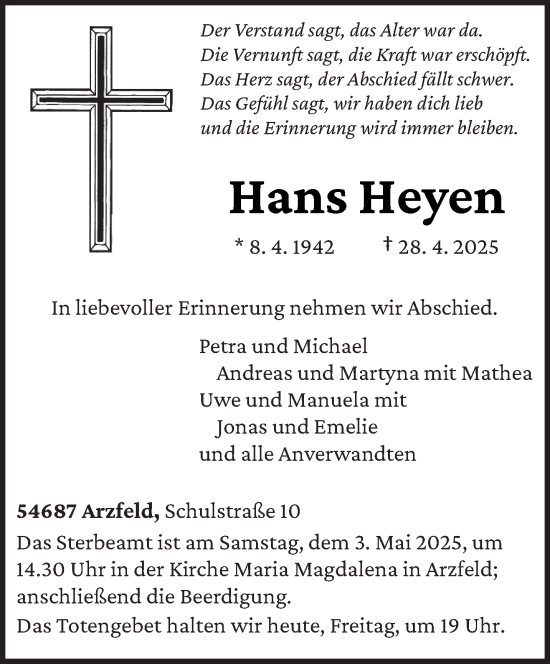 Todesanzeige von Hans Heyen von trierischer_volksfreund