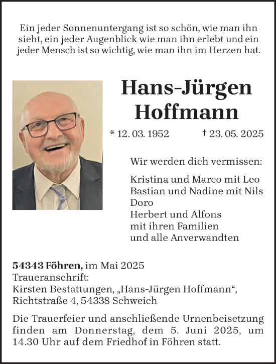 Todesanzeige von Hans-Jürgen Hoffmann von trierischer_volksfreund