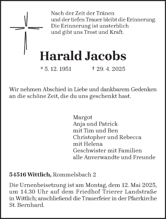 Todesanzeige von Harald Jacobs von trierischer_volksfreund