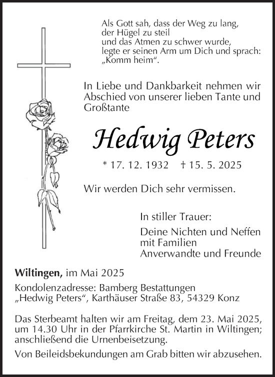 Todesanzeige von Hedwig Peters von trierischer_volksfreund