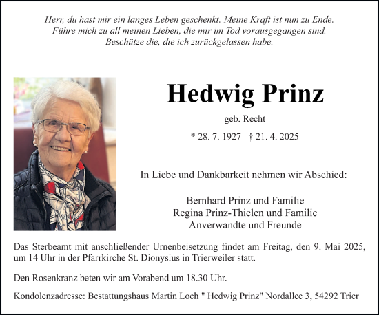 Todesanzeige von Hedwig Prinz von trierischer_volksfreund