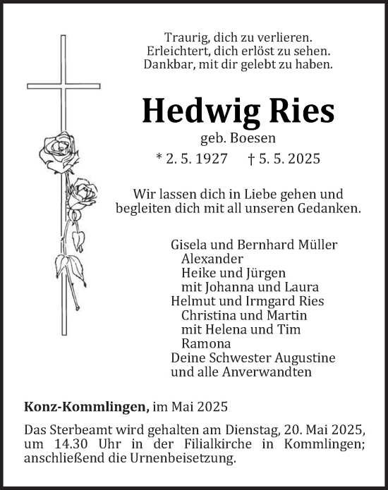 Todesanzeige von Hedwig Ries von trierischer_volksfreund