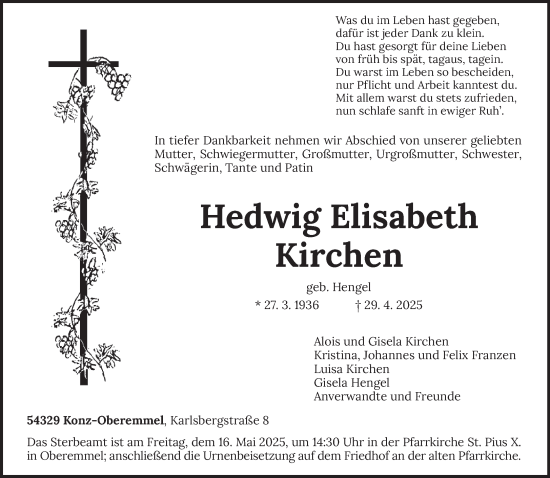 Todesanzeige von Hedwig Elisabeth Kirchen von trierischer_volksfreund