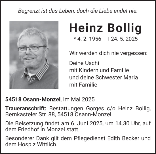 Todesanzeige von Heinz Bollig von trierischer_volksfreund