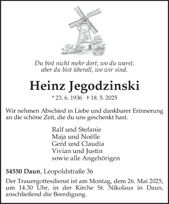 Todesanzeige von Heinz Jegodzinski von trierischer_volksfreund