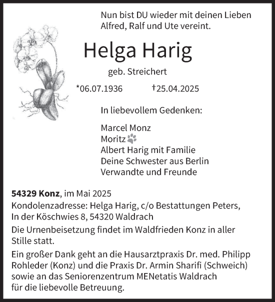 Todesanzeige von Helga Harig von trierischer_volksfreund