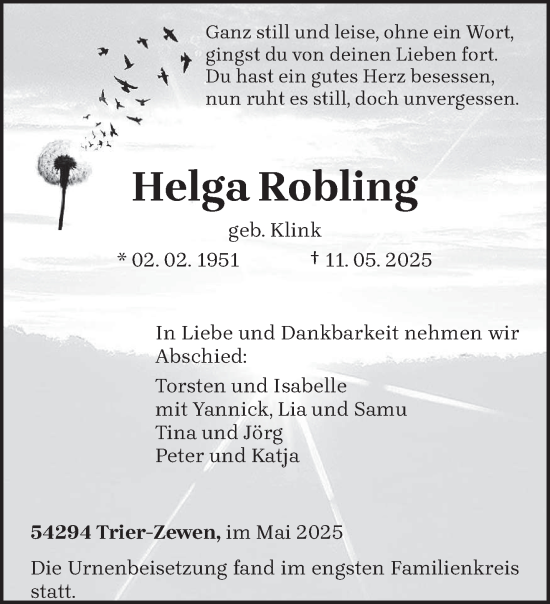 Todesanzeige von Helga Robling von trierischer_volksfreund