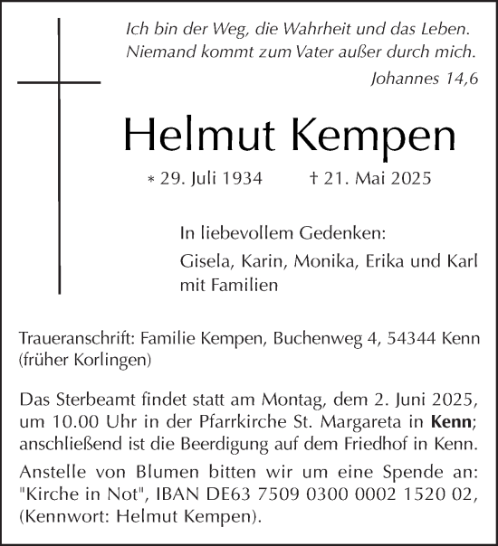 Todesanzeige von Helmut Kempen von trierischer_volksfreund