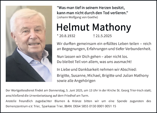 Todesanzeige von Helmut Mathony von trierischer_volksfreund