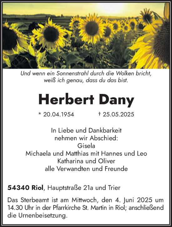 Todesanzeige von Herbert Dany von trierischer_volksfreund