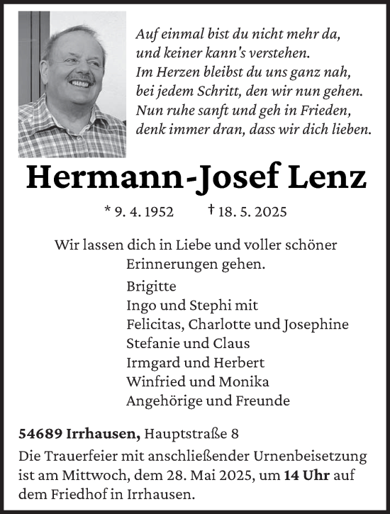 Todesanzeige von Hermann-Josef Lenz von trierischer_volksfreund