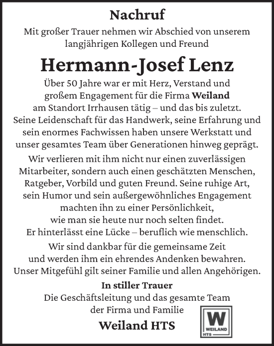 Todesanzeige von Hermann-Josef Lenz von trierischer_volksfreund