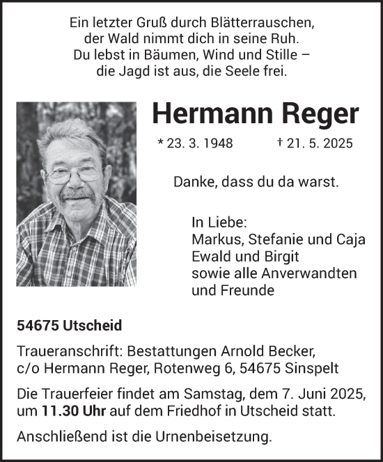 Todesanzeige von Hermann Reger von trierischer_volksfreund