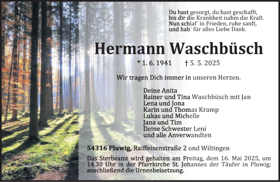 Todesanzeige von Hermann Waschbüsch von trierischer_volksfreund