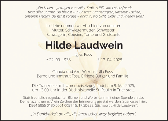Todesanzeige von Hilde Laudwein von trierischer_volksfreund