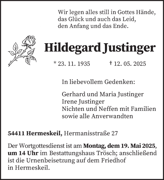 Todesanzeige von Hildegard Justinger von trierischer_volksfreund
